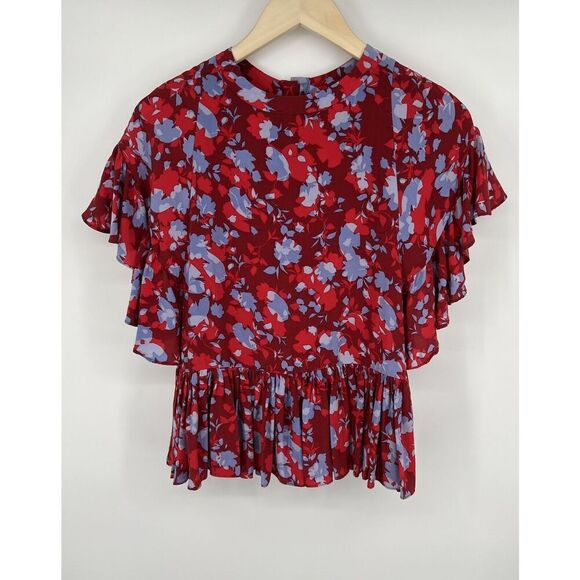 Alexis Danijela 100% Silk Red Floral Ruffle Button Front Cape Blouse Size XS - Picture 5 of 7